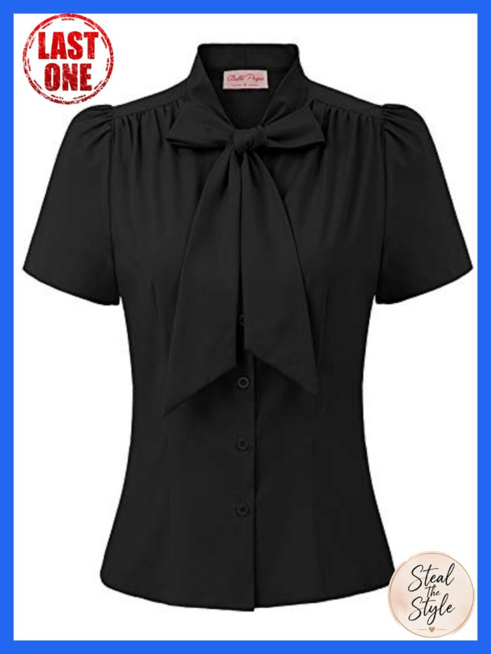 Belle Poque Women's Bow Tie Button Down Short Sleeve Blouse, Polyester Blend,